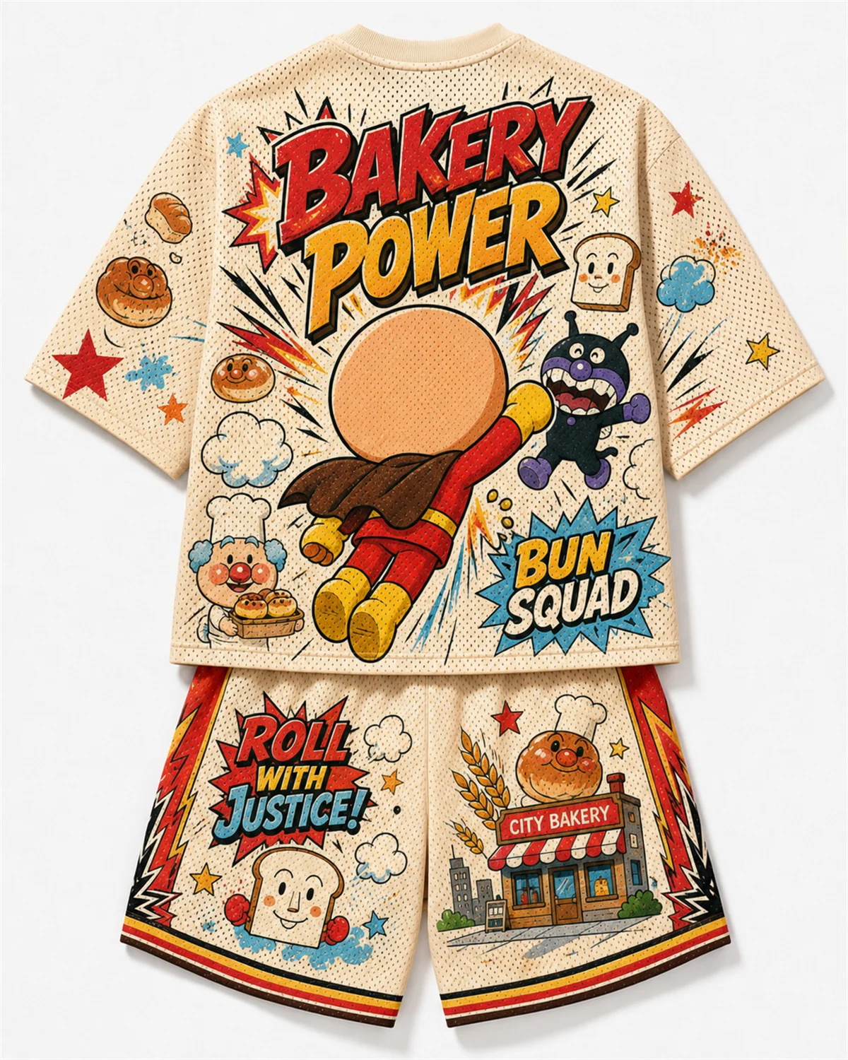 Anpanman Bread Hero Cartoon Mesh T-shirt Shorts Set Kids Beige Vintage Graffiti Summer 2 Piece Casual Sports Outfit