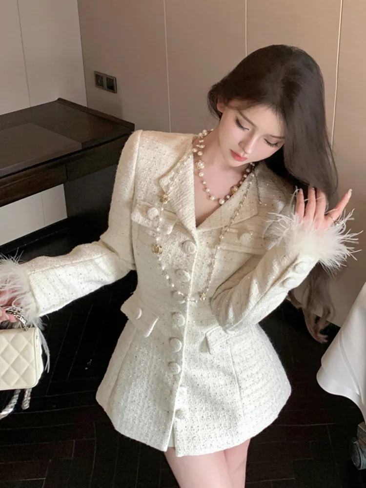 High Quality Elegant Fur Patchwork Women Outerwears 2024 Winter Single Breasted Korean Fashion Slim Waist Medium-long Coat