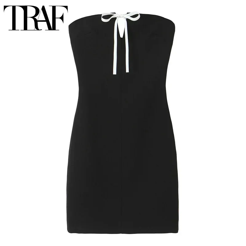 TRAF-Vestidos Pretos com Arco Feminino Cortado, Bodycon Fora do Ombro, Mini Vestido, Sem Costas, Sexy, Sem Alças, Curto, Festa, Verão