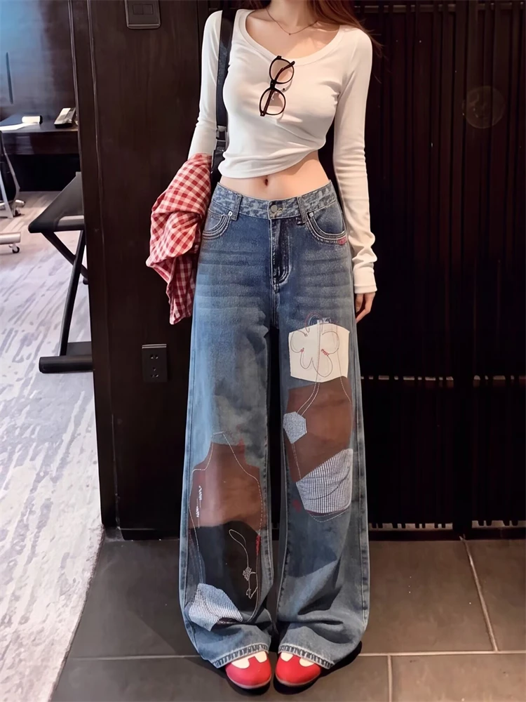 Women's Color-blocking Design Jeans Cool Girl Retro Bottoms Street Blue Casual Pants Wide Leg Sweatpants Female High Waist Pants
