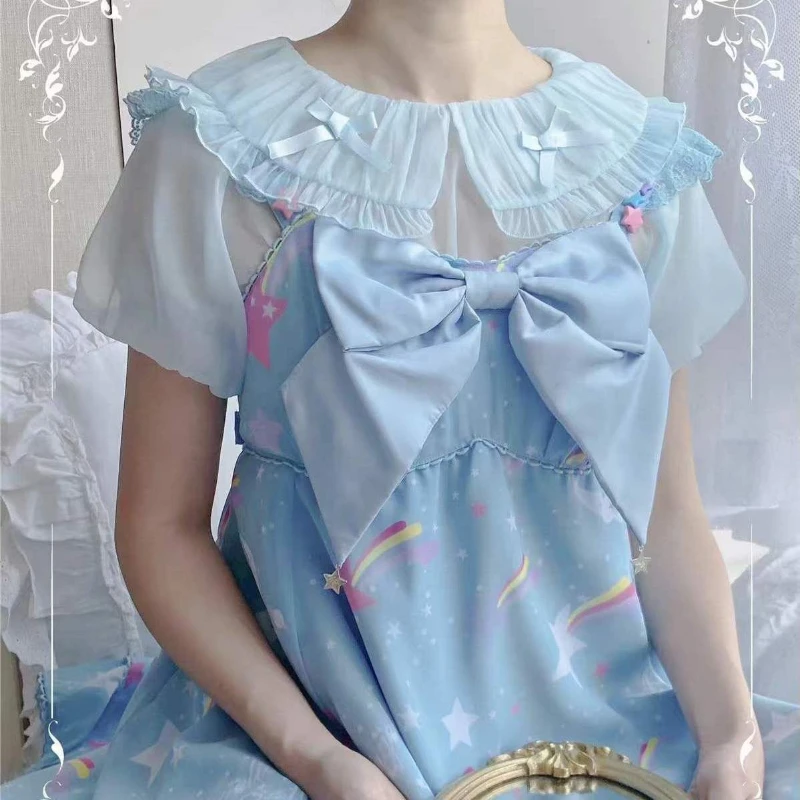 Lolita doce gola arco camisa harajuku vintage ver através grunge blusas de fadas 2025 verão y2k estética babados bonito topos