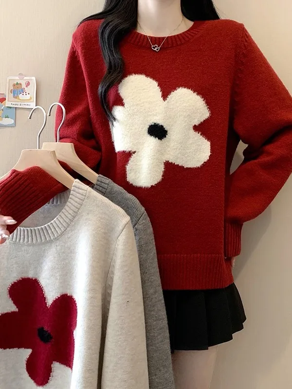 

plus Size Women's Thiened Floral round Ne Knitwear Loose Fit Autumn Winter Faion Top Korean Sle High Waist Long Sve