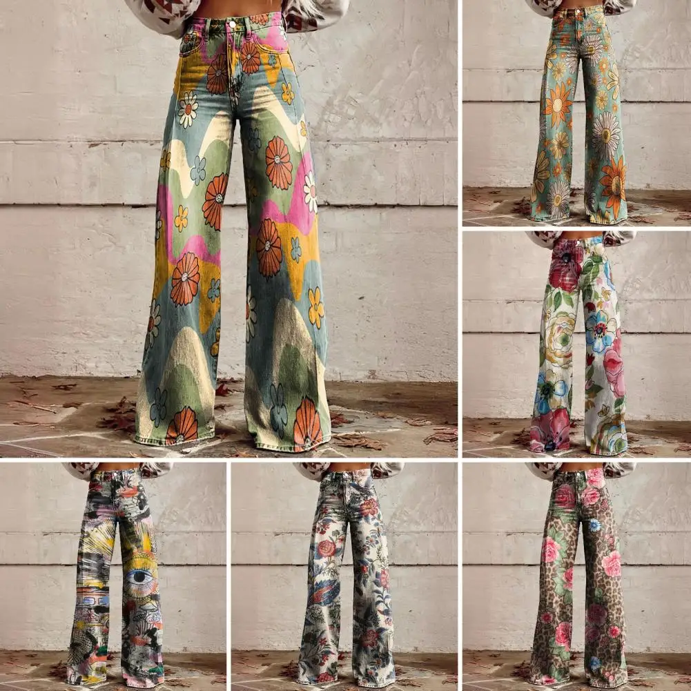 

1Pc Women Retro Pants Button Zipper Fly Wide Leg Long Trousers with Pockets Digital Floral Print Leisure Trousers Streetwear