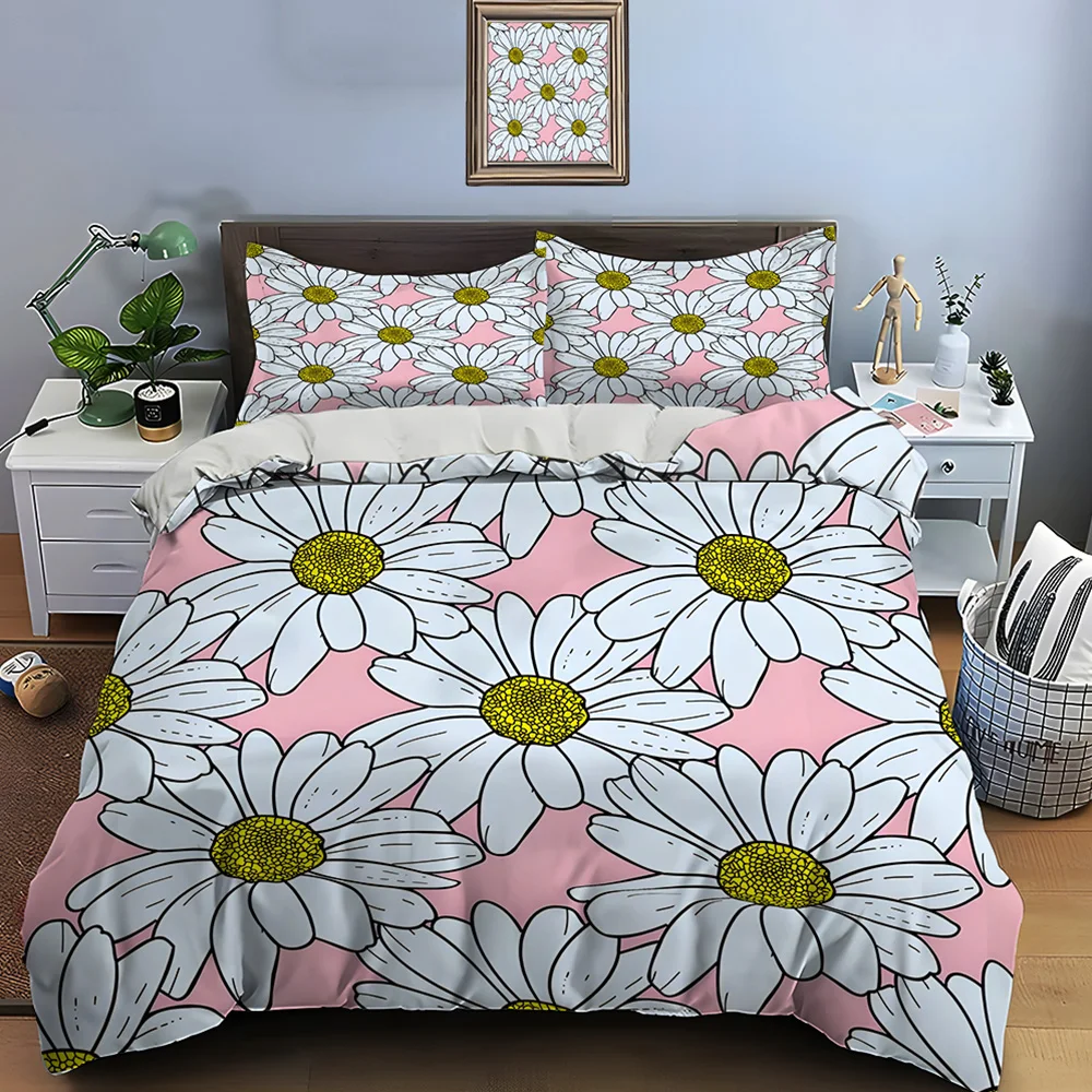 White daisies on pink background Bedding Set for Kids Luxury Gift 3pcs Digital Print Comforter Set Soft Comfortable Breathable