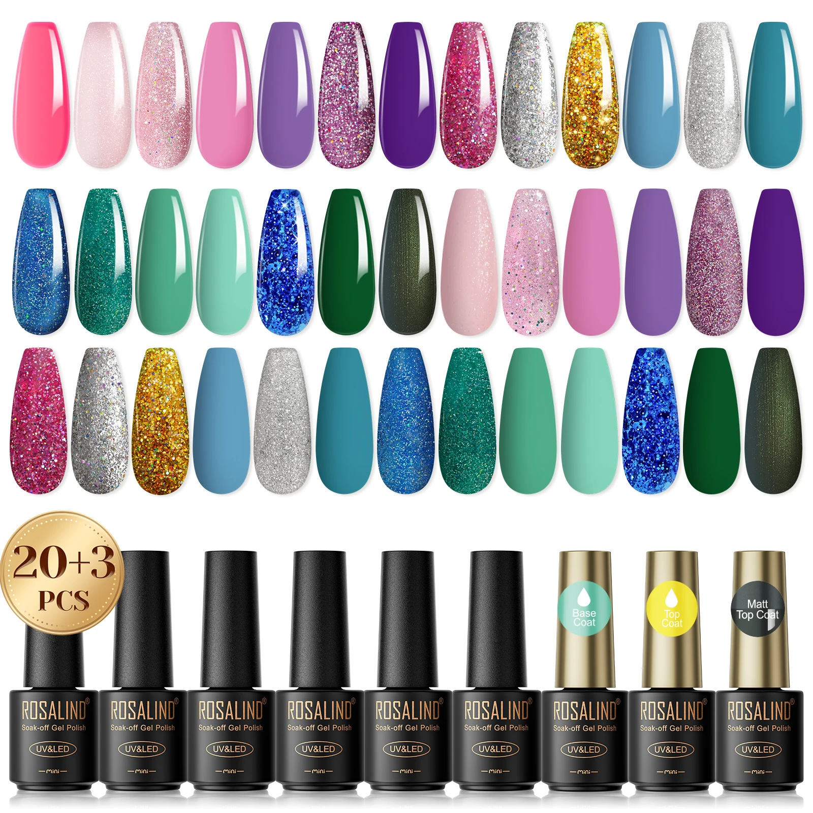 ROSALIND 23pcs Shiny Nail Gel Set Nail Polish Semi Permanent Hybrid Soak Off Gel varnishes Kit Base Top Coat