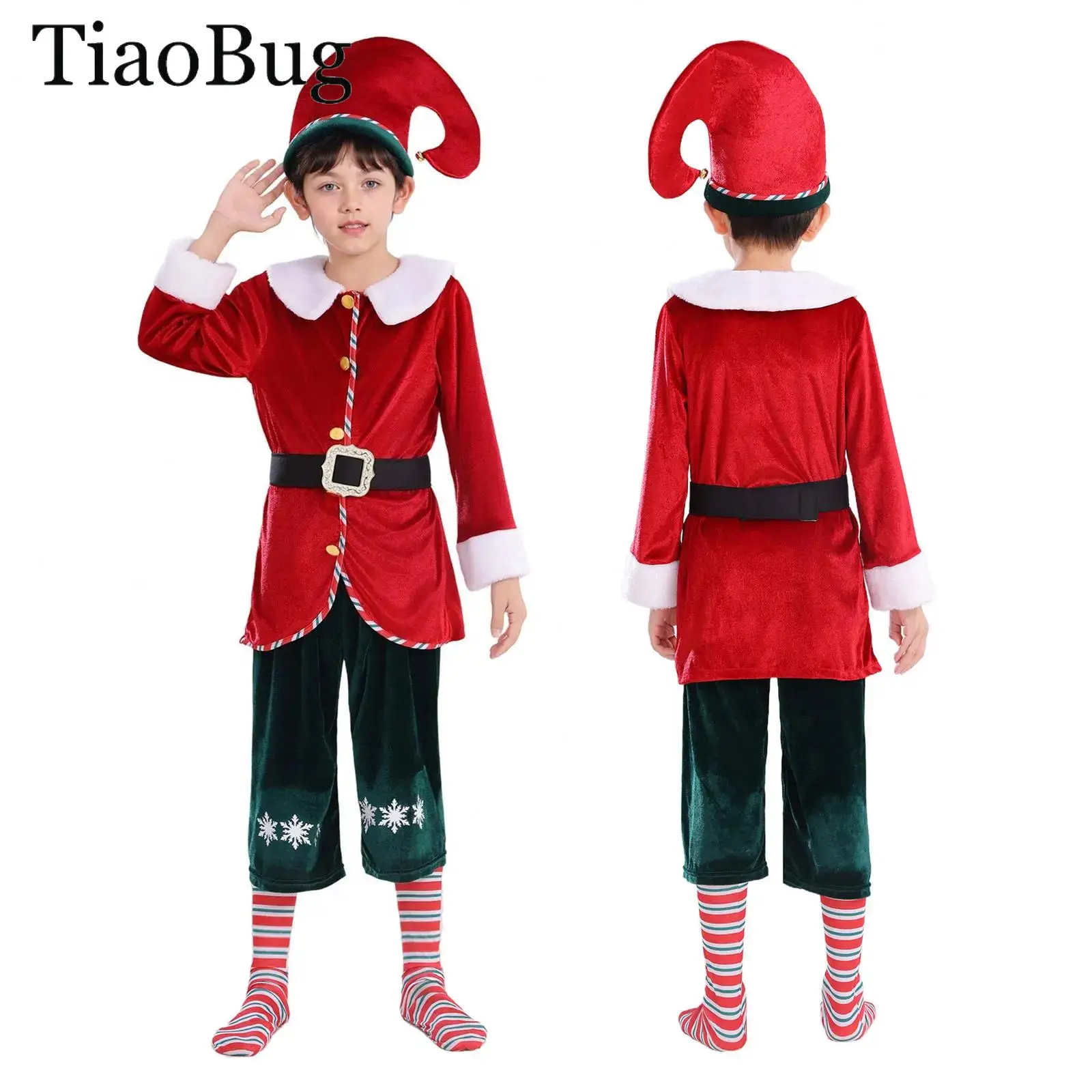 

Boys Santa Helper Cosplay Christmas Elf Costume Long Sleeve Top Snowflake Print Pants +Stripe Socking +Xmas Hat Waistbelt Suits