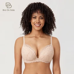 Women's Plunge Floral Lace Bra Plus Size Sexy Underwire Full Coverage Bras Deep V Lightly Lined B C D DD E F