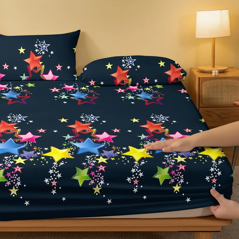 1 piece of matte bedsheet with scattered patterns of colorful stars, bedroom printed bedspread, bedding (excluding pillowcases)