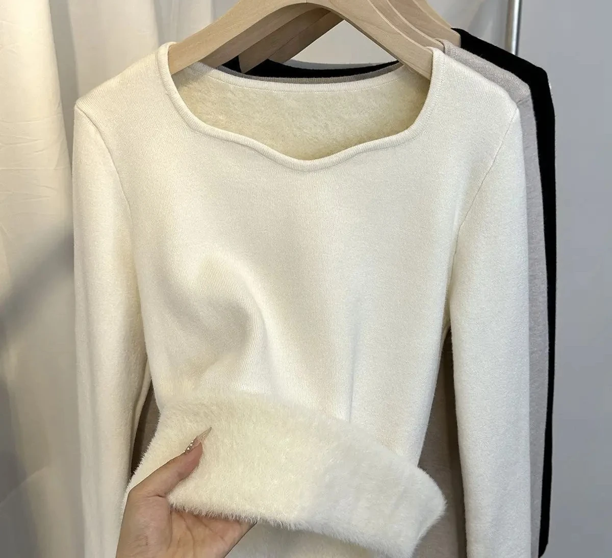 

Autumn Winter Fleece Sweater Fashion Women Long Sleeve Thick Padding Slim Solid Pullovers Top Casual Unique Streetwear