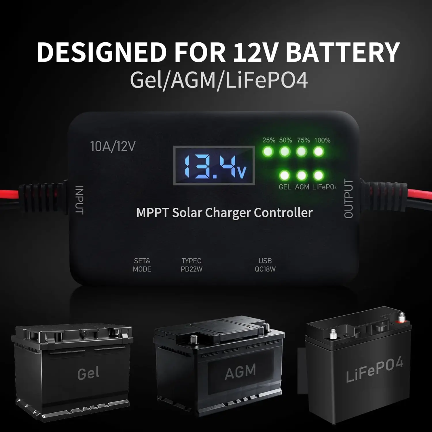 Premium Solar Regulator with Type-C & USB ports, compatible with multiple batteries 12V 10A MPPT