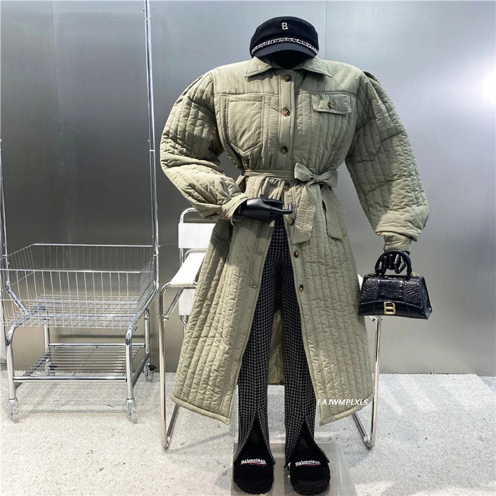 Autumn New Korean 2023 Winter Designer Loose Cotton-padded Clothes Striped Women Single Breasted Long Jacket Coat With belt