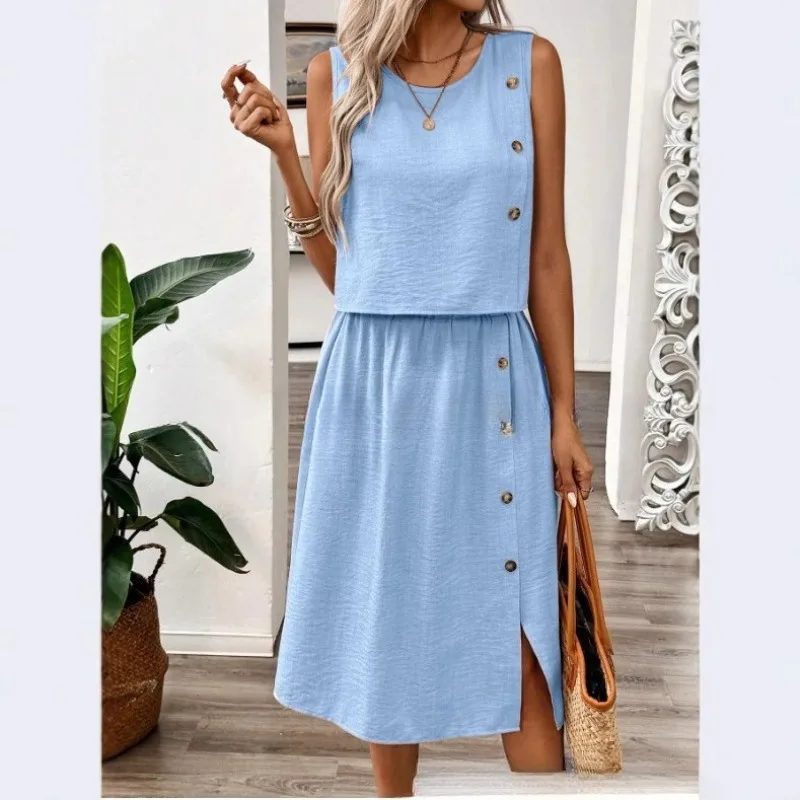 

2025 Summer Solid Loose Casual 2 Piece Set Women O Neck Sleeveless Single Breasted Pullovers High Waist Split Skirt Streetwear