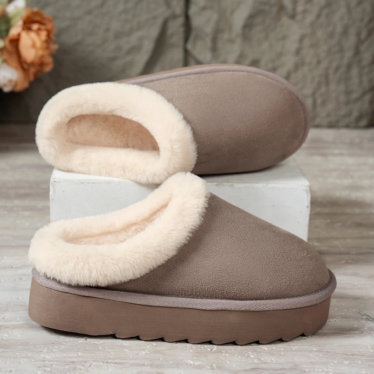Wintermode Damen Flauschige Dicksohlige Freizeitschuhe, Dicksohlige Rutschfeste und Warme Hausschuhe mit Fellfutter – Detail 29