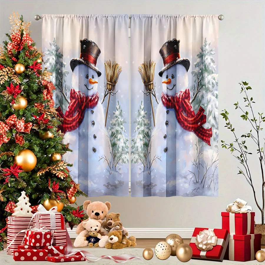 2PCS Christmas Winter Curtains, Watercolor Snowman Hat Scarf Broom Forest Snow, Digital Print, Bedroom Living Room, Home Decor