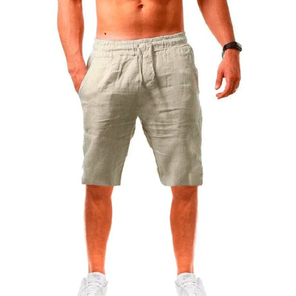 Men's Cotton Linen Shorts Summer Solid Color Breathable Linen Shorts Fashion Male Casual Elastic Waist Loose Casual Short Pants