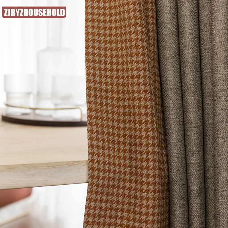 New Modern Light Luxury Curtains for Living Dining Room Bedroom Solid Color Stitching Orange Bird Grid Noble High Blackout