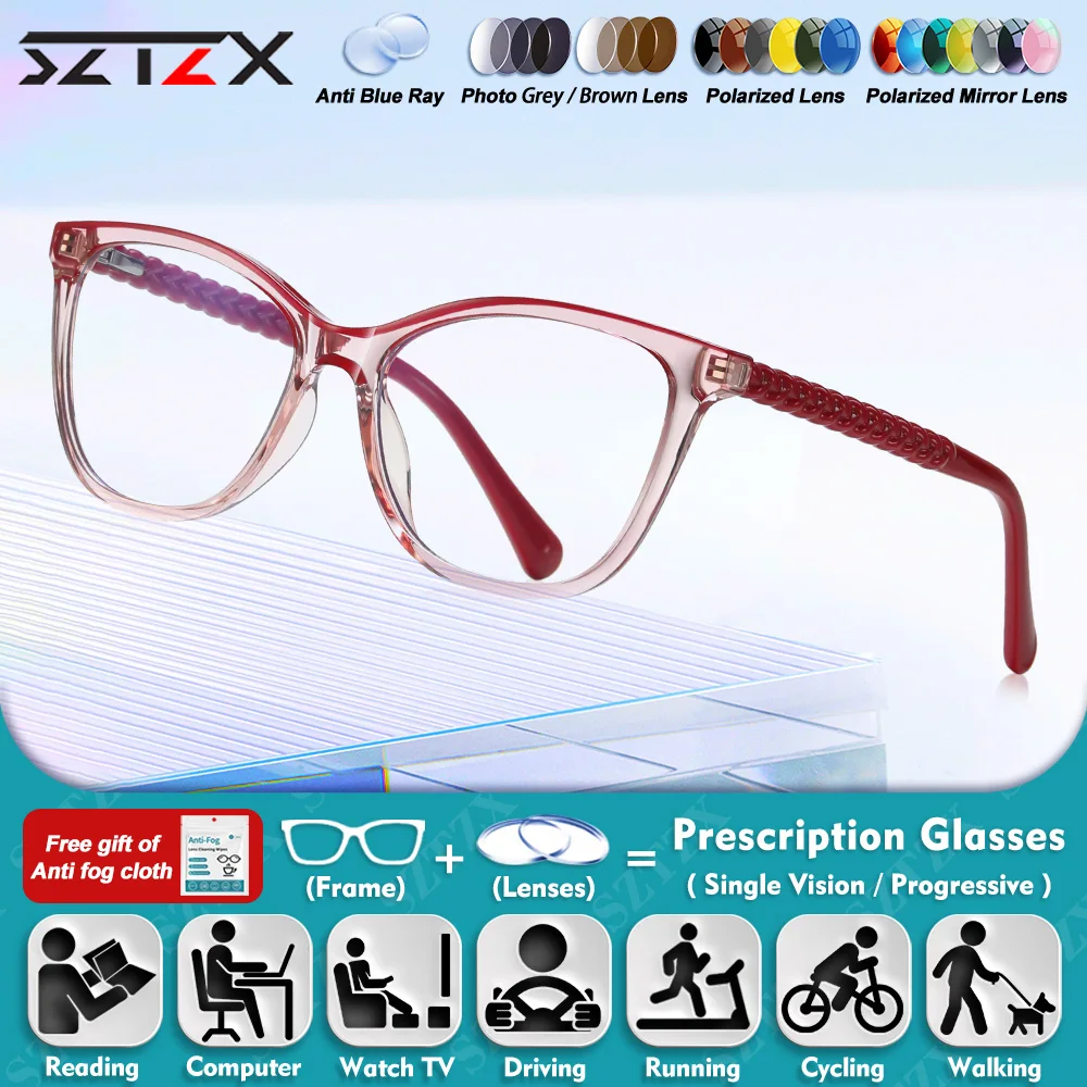 

SZTZX New Design Cat Eye Frame Photochromic Reading Office Glasses Women Anti Blue Light Myopia Progressive Prescription Eyeware