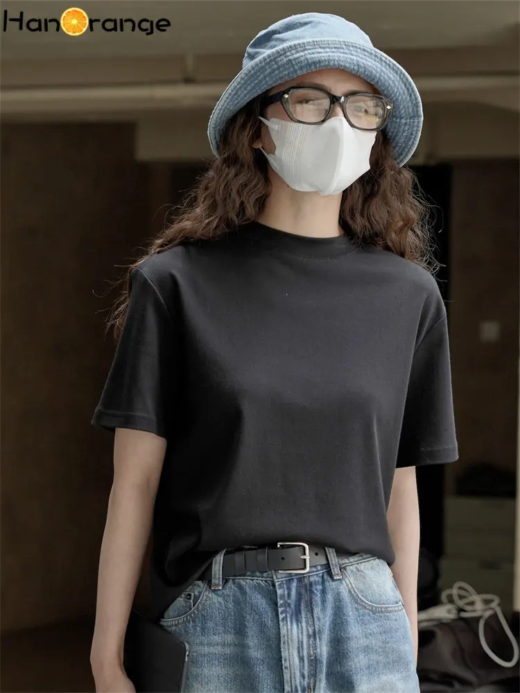 HanOrange 2024 Summer Simple Retro O-Neck Short Sleeve T-shirt Women Loose Comfortable Skin-friendly Casual Top Tees Black/white