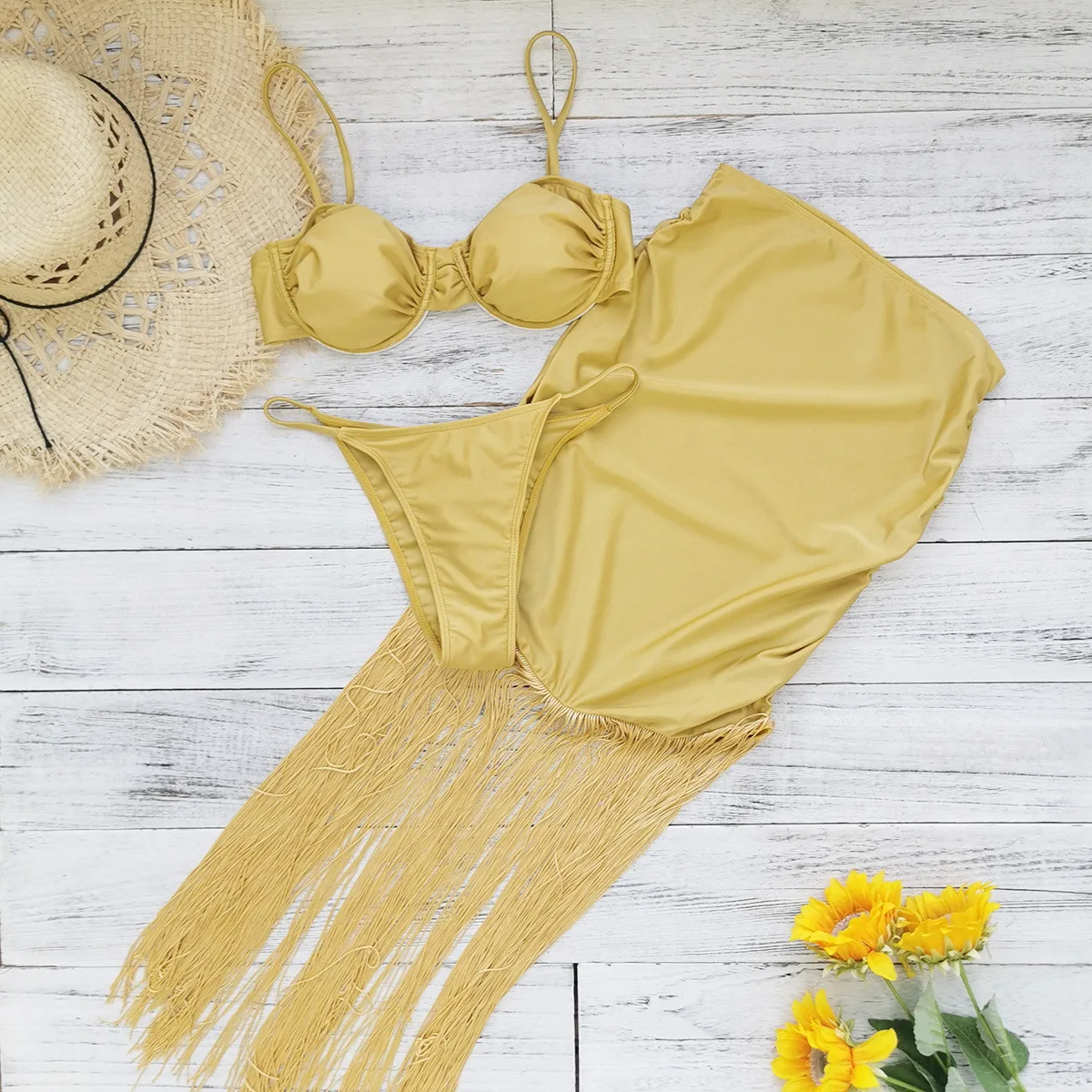 

Yellow Bikini Swimsuit with Tassel Long Skirt High Waist Swimwear for Women 3 Pcs Bathing Suits Summer Female Beachwear 2025