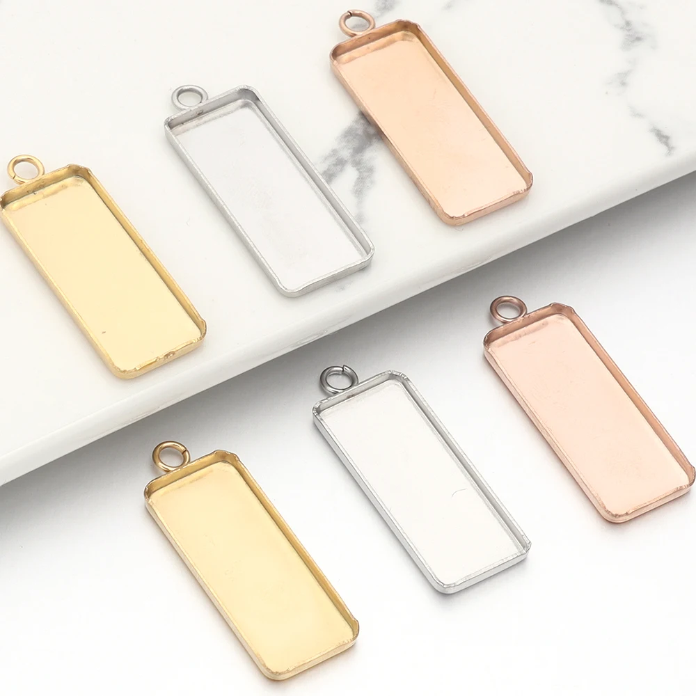 10 Stück 10 x 25 mm Edelstahl Rechteck Blanko Tablett Anhänger Cabochon Basis für Schmuckherstellung DIY Halskette Anhänger Zubehör