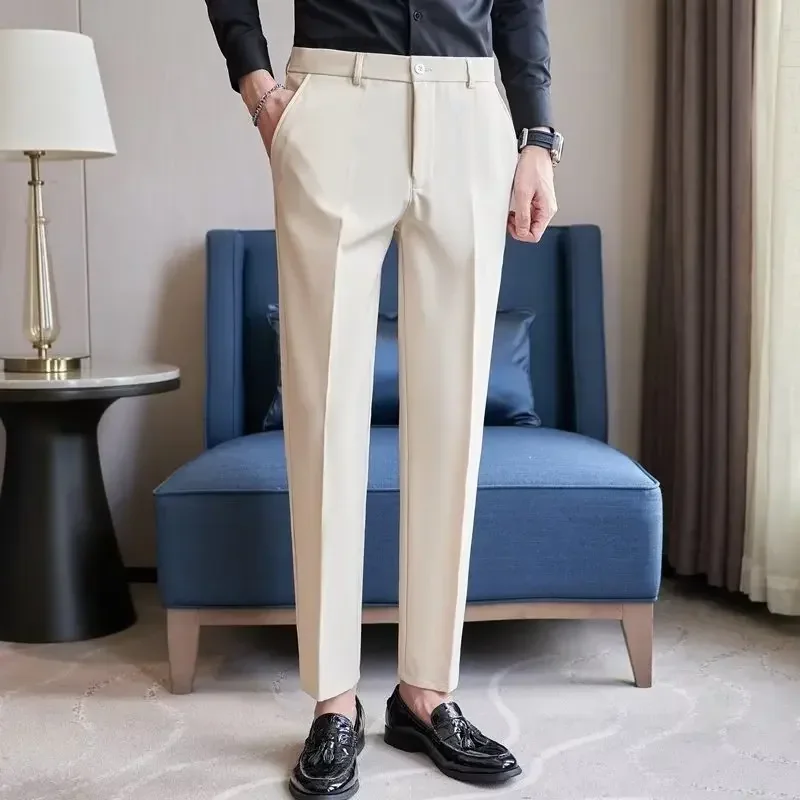 Men's Suit Pants Apricot White Black Slim Business Casual Nine-point Pants Straight Plus Size Trousers Office Social Wedding