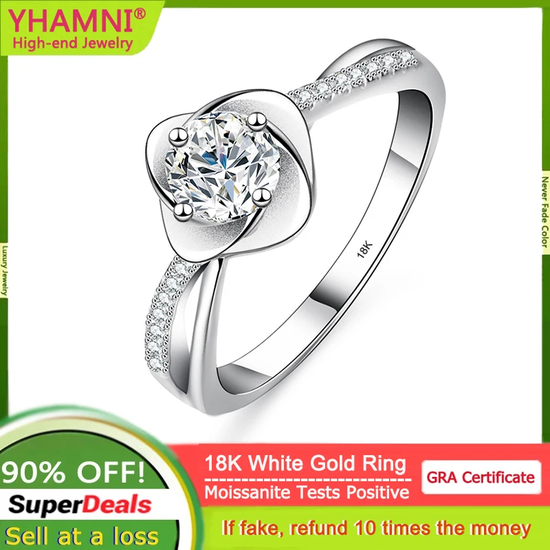 YHAMNI 100% 18K White Gold D Color Moissanite Diamond Ring Suitable For Engagement Proposal Anniversary Birthday Gift For Women