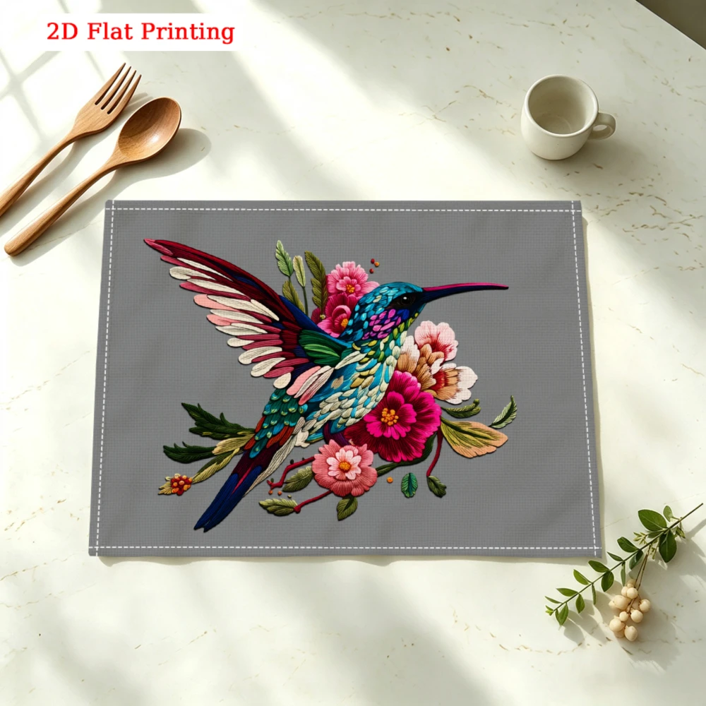 Colorful Hummingbird Floral Design Kitchen Placemat Hummingbird Floral Print Linen Pad Dish Coffee Cup Table Mat 1PC 30x40cm