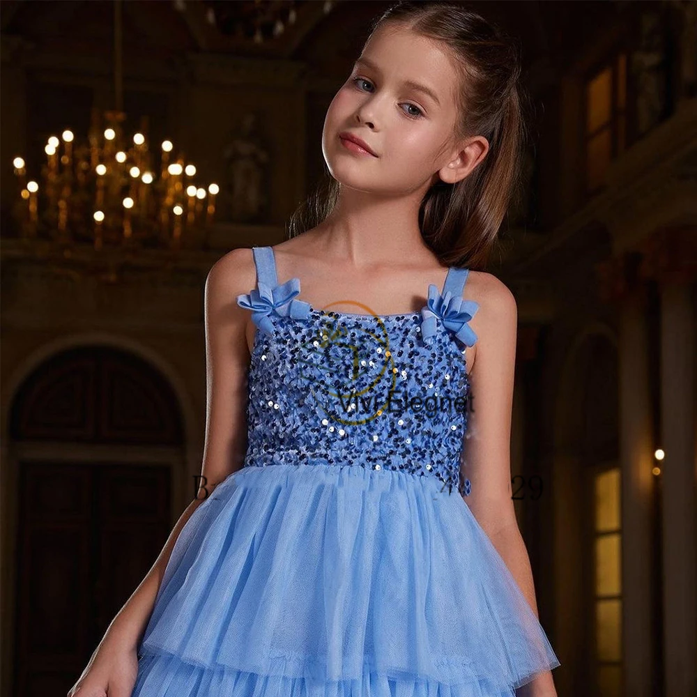 Shiny Layered Flower Girl Dress For Wedding Blue Sequins Tulle Sleeveless Kids Birthday Party First Communion Ball Gowns