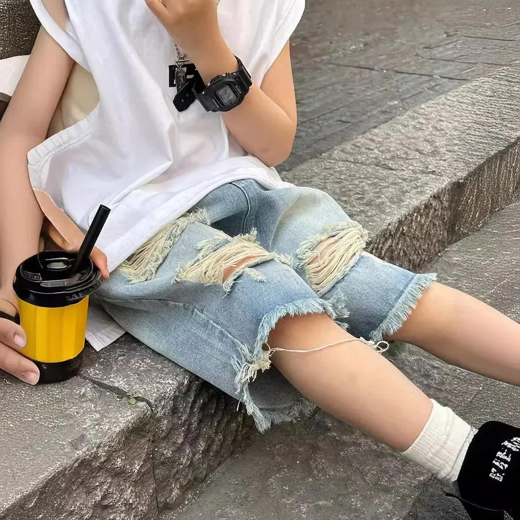 New 2025 Boys Summer Thin Denim Five-point Pants Kids Fashion Ripped Denim Shorts Trousers Teen Casual Jeans Children's Clothing