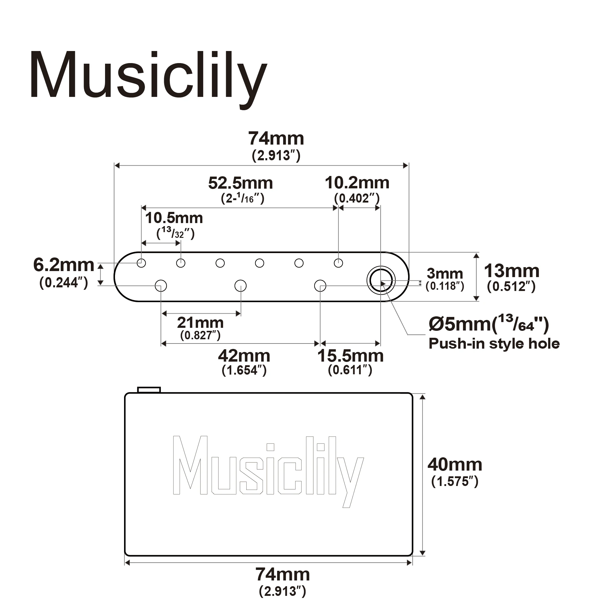 Musiclily Ultra 52.5mm String Spacing Brass/Steel Push-in Style Tremolo Block for ST Guitar Wilkinson M Series Bridge, 40mm