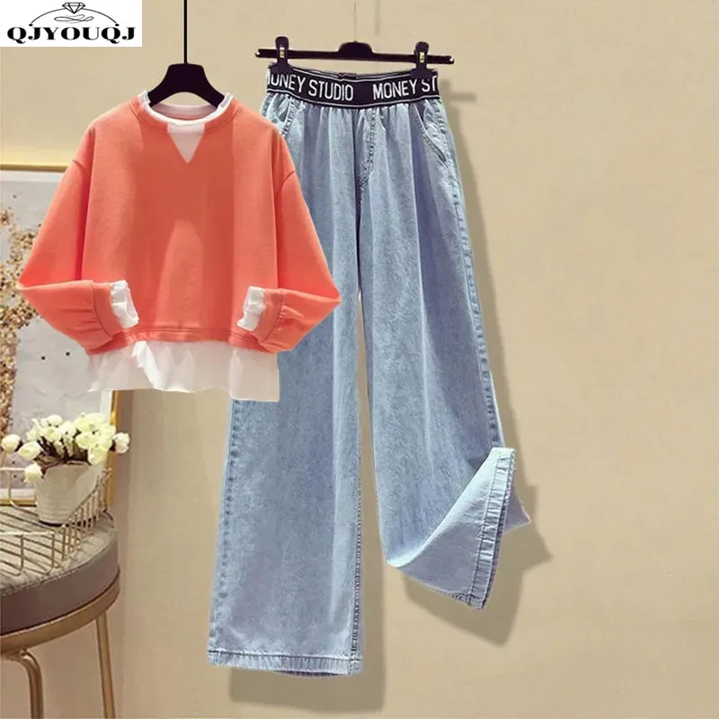 

2024 Spring and Autumn Korean Edition New Fashion Jeans+Loose Sweater Two Piece Casual Sportswear Set