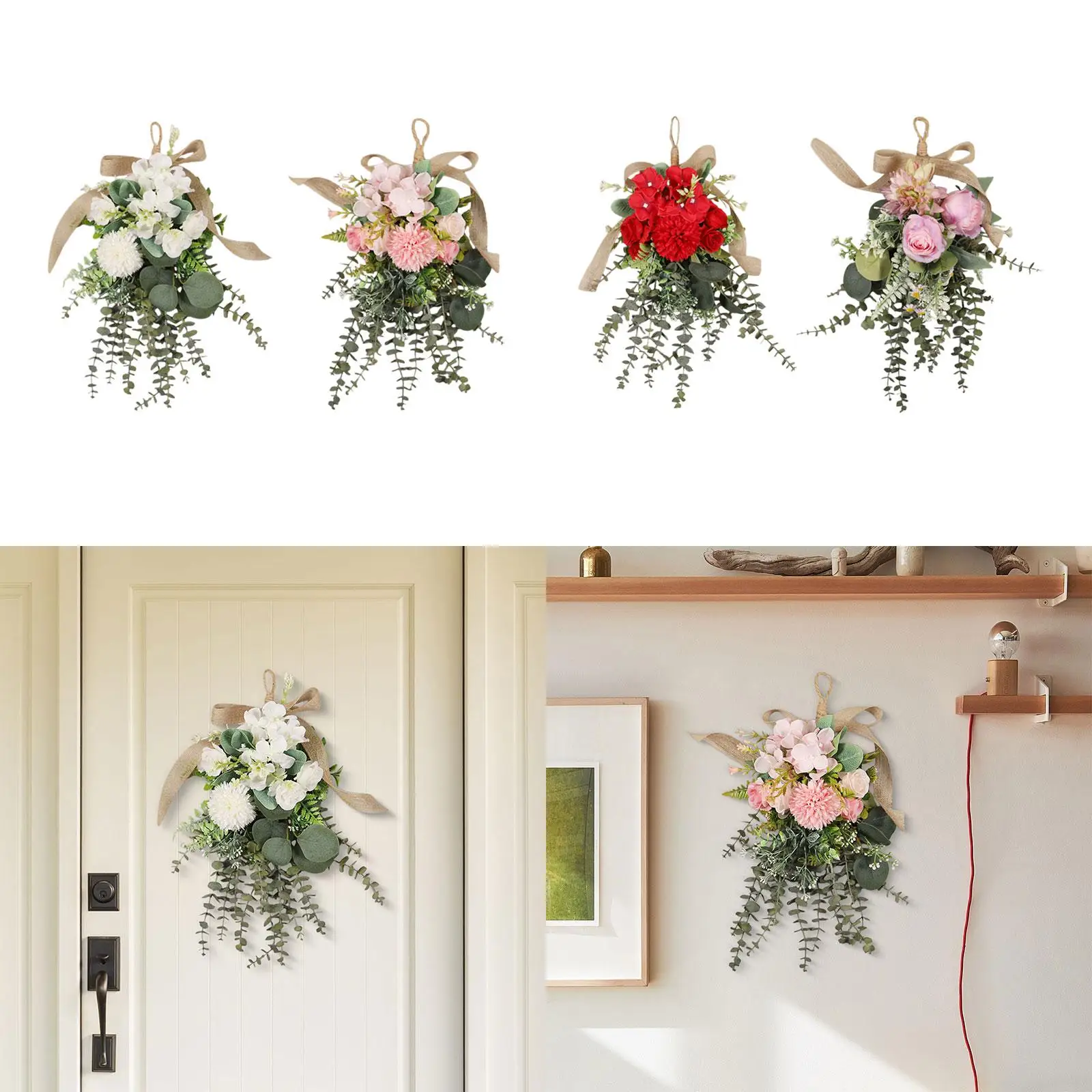 Corona floral de eucalipto de crisantemo, corona floral en forma de lágrima para valla de aniversario, apartamento, restaurante, boda