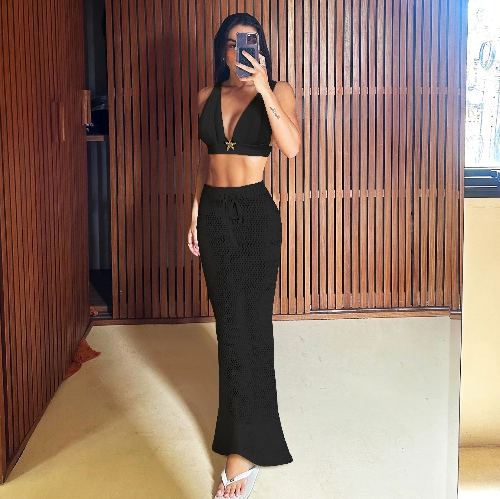 2025 Halter Fringe Trim Bikini Luxury Swimsuit High Waist Swimwear with Skirt for Women V Neck Bathingsuits Print Summer Female image 3