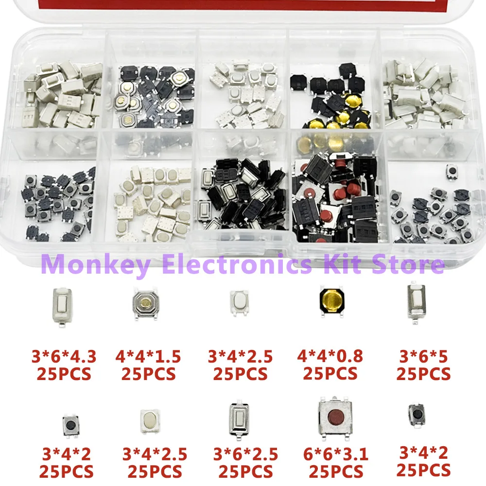 250PCS/1 Set  10-Types Tactile Push Button Switch Car Remote Control Keys Button Touch Micro switch