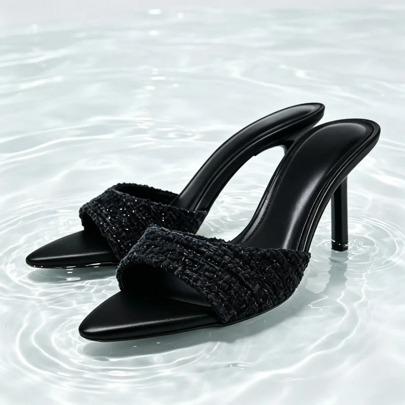 Novelty Blue Cotton Fabric Slippers Women Sexy Pointed Toe Open Toe Slide Sandals Luxury Designers Heels Comfortable Women Shoes