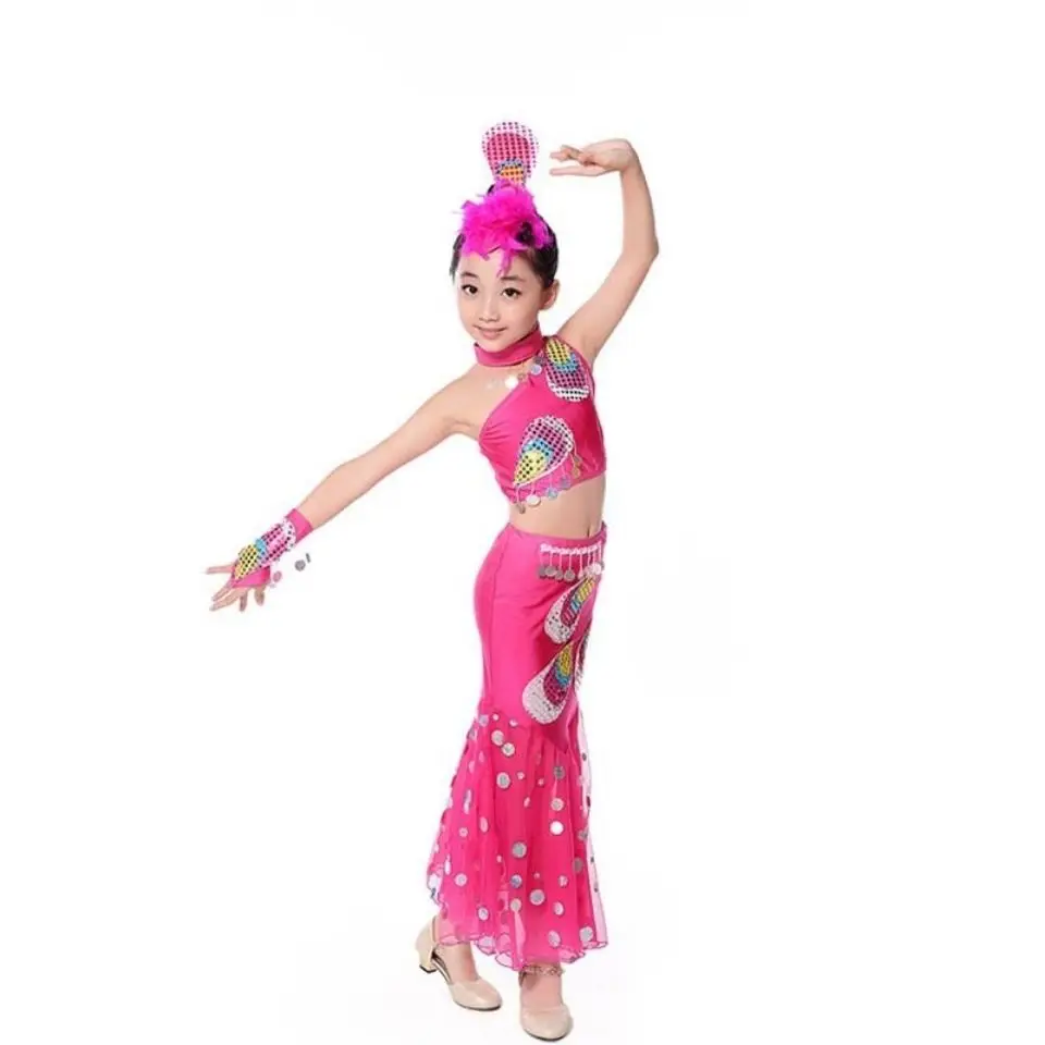 Indian Bollywood Dance Costume Kids Sexy Belly Dance Costume Set Peacock Dress Suit Girls Long Belly Mermaid Tail Costume Skirt