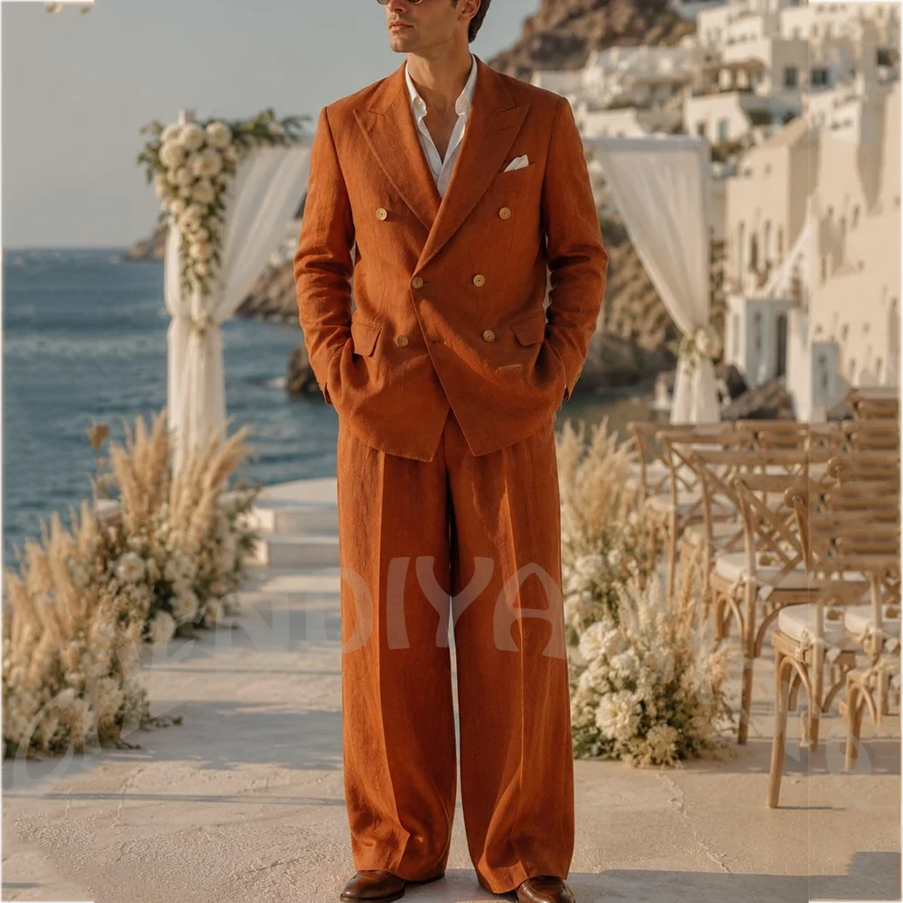 New Arrival Linen Men Suit 2 Piece Chic Casual Peaked Lapel Double Breasted Textured Fabric Outdoor Party Office Formal Outfit