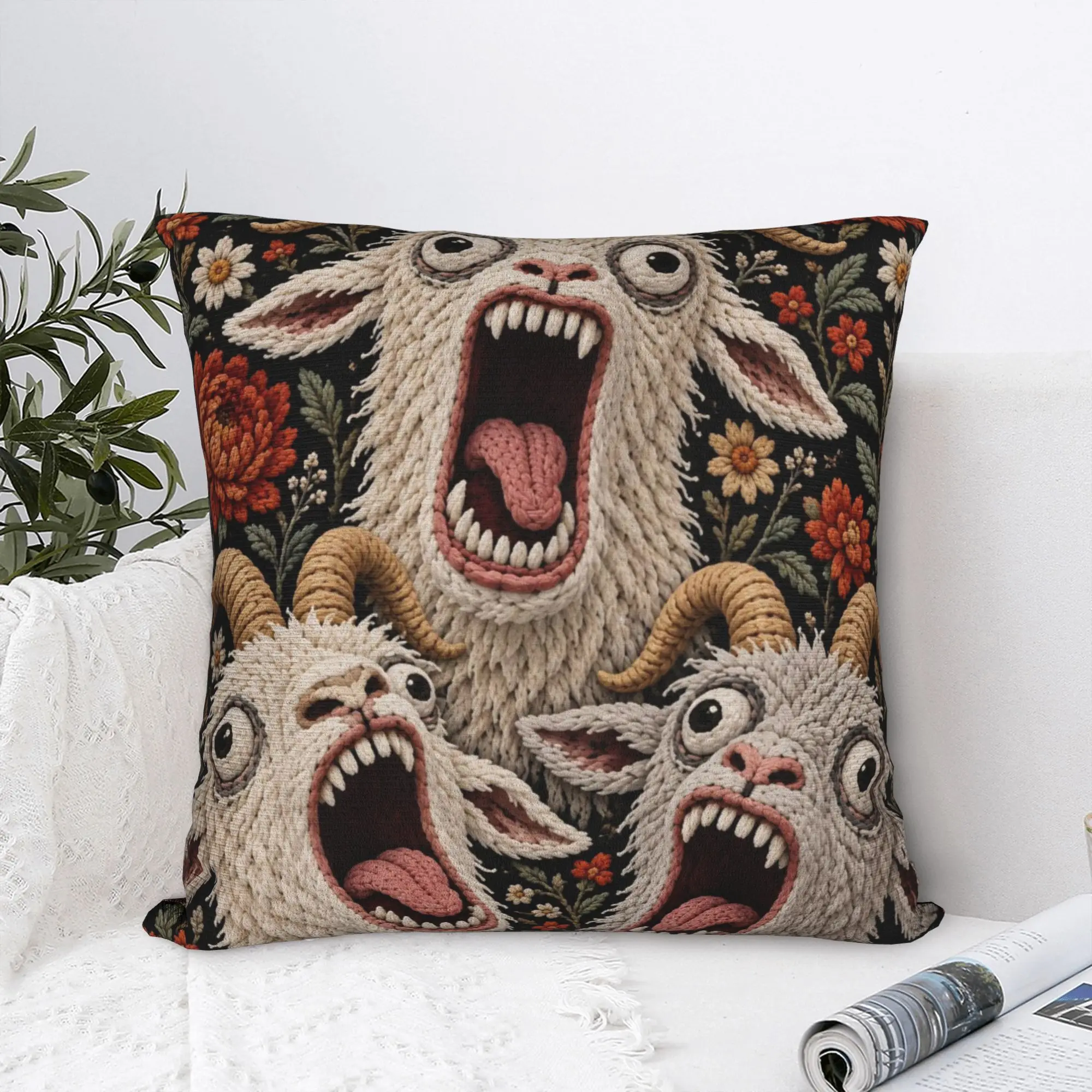 Screaming Goat Horror Gothic Floral Pillowcase Printing Polyester Cushion Cover Halloween Throw Pillow Case Cover Sofa Zipper