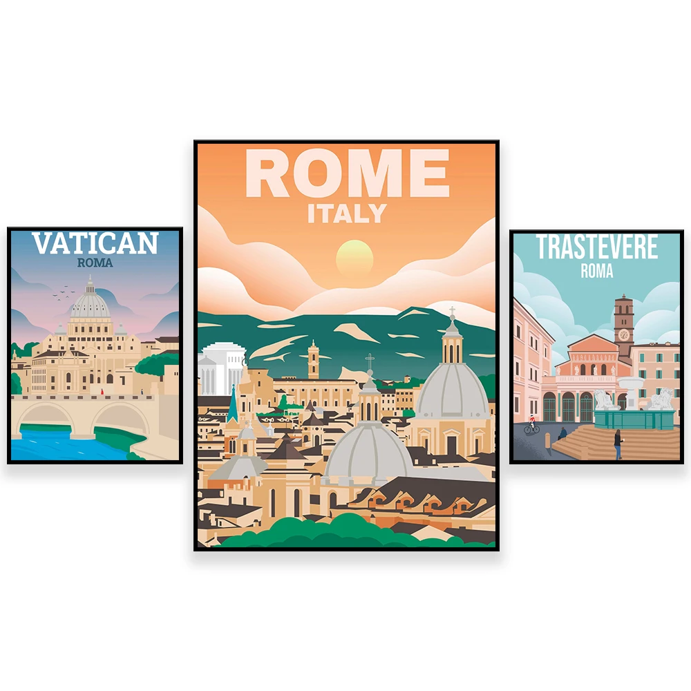 

Vatican Rome, Rome Trastevere, Colosseum, Gianicolo Rome, vintage travel poster canvas print