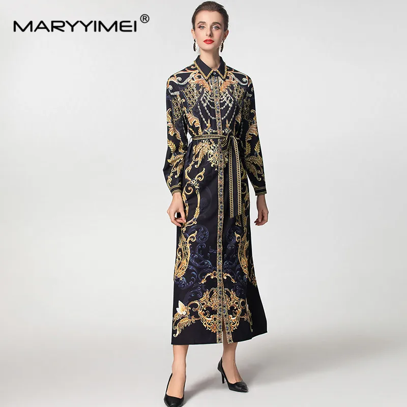 MARYYIMEI Autumn and winter Women\'s Dress Turn-Down Collar Single-Breasted Lace-Up Vintage Elegant Print Long-Sleeved Dresses