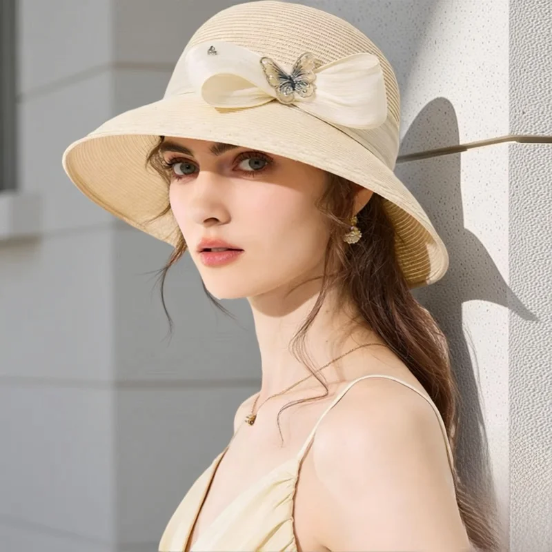 elegant-fashionable-silk-linen-knot-straw-hat-large-brim-foldable-sunscreen-anti-uv-cap-for-women-beach-travel-daily