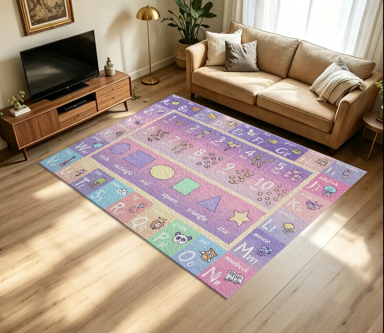 Children's Educational Tools: Alphabet, Number, and Shape Printed Carpet, Non-Slip, Washable, Suitable for Playrooms and Children's Room Decoration