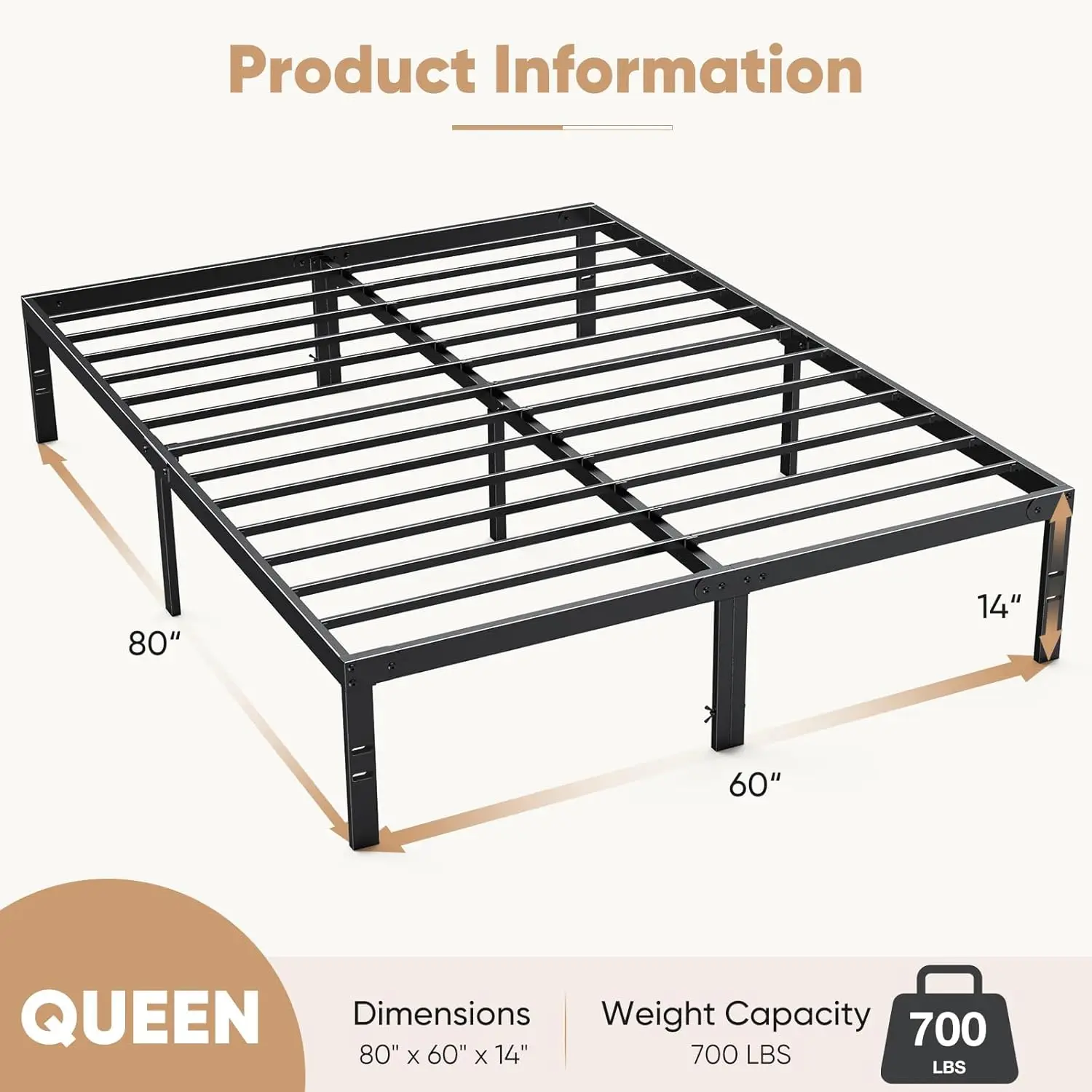 Dumos Bedframe-Queen Size Platform Bed Frame Metalen Matras Fundering Met Stalen Lamellensteun, Geen Boxspring Nodig,