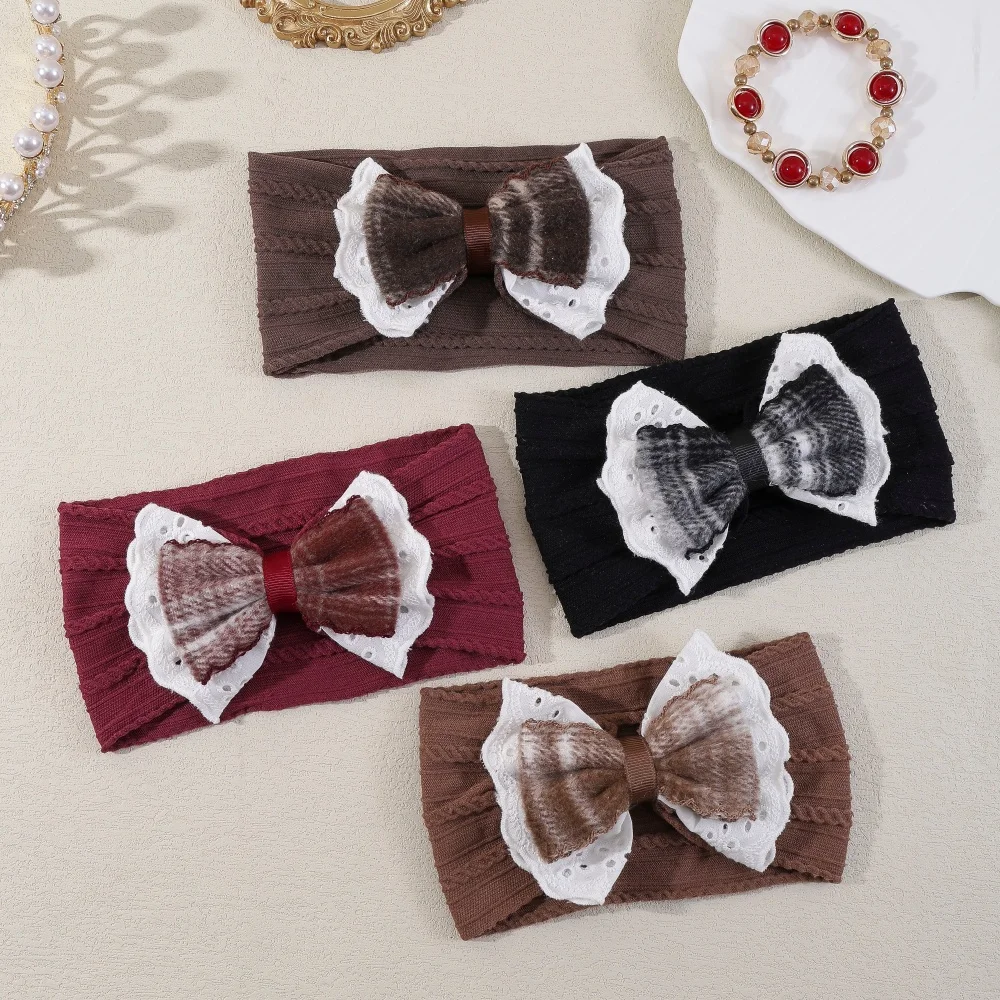 Headband for Newborns Soft Lace Plaid Bow Hair Band Fuzzy Bow Cable Knit Baby Head Wraps Soft Elastic Baby Girl Hair Accessories