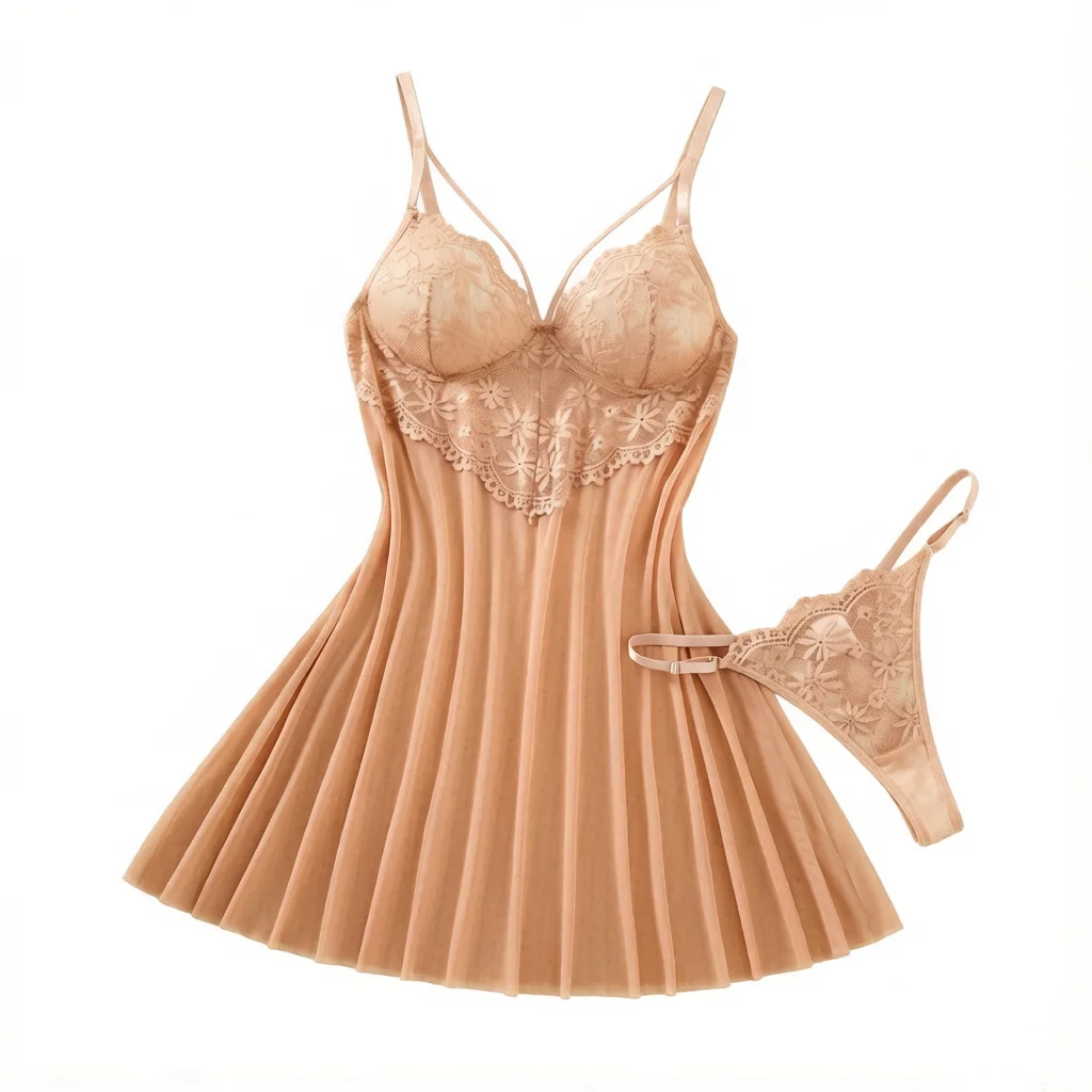 Champagne Daisy Floral Lace Sheer Mesh Babydoll Lingerie Set Slip Nightdress With Matching Thong Women Sexy Sleepwear ZA825096