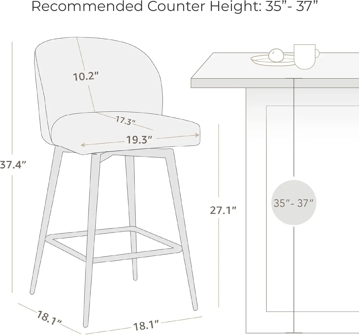 Watson & Whitely Counter Height Set of 2 360° Swivel Upholstered Barstools with Backs and Metal Legs 26