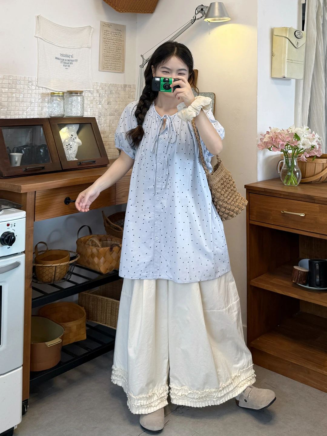 

plus Size Women's Summer Loose Bubble Sleeve Polka Dot Shirt Dress And Wide Leg Pants Set Fashionable Korean Style Casual Outfit