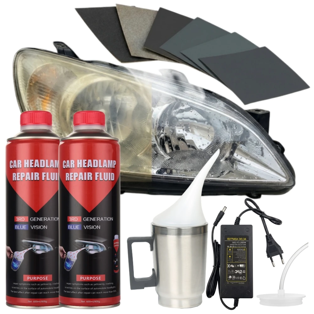 Kit complet de restauration et de polissage des phares de voiture - Comprend 2x 800g de formule de restauration de brillance et un applicateur thermique en acier inoxydable. Élimine les rayures, le jaunissement et l'oxydation. Restaure la clarté et améliore la visibilité nocturne.