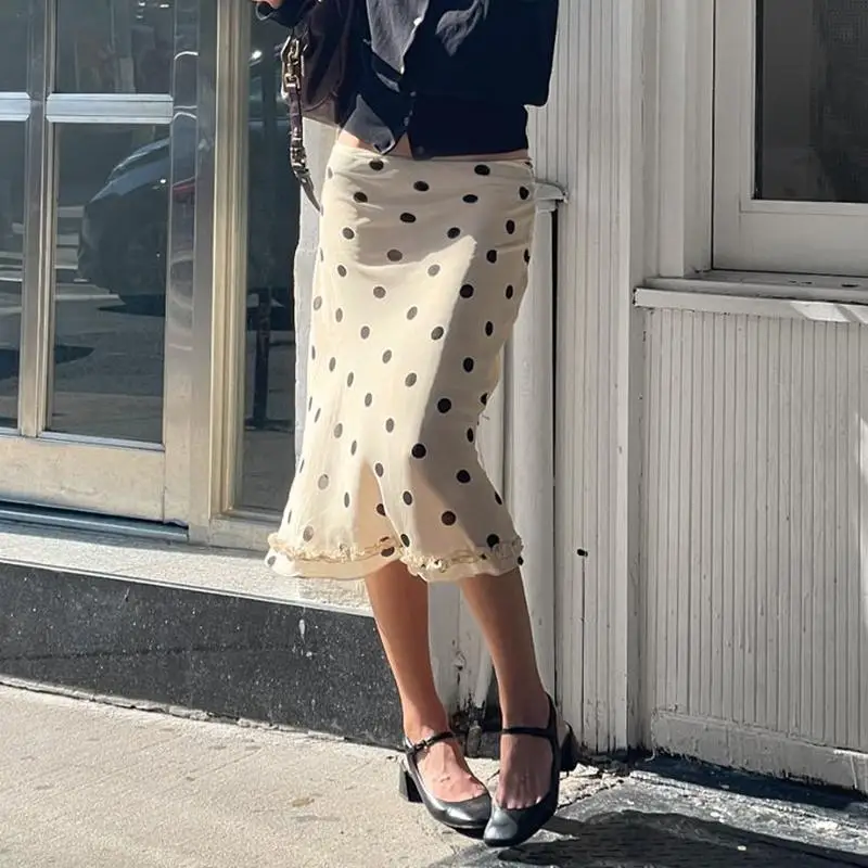 Women Polka Dot Midi Skirt Casual Lettuce Trim Beige Skirt Elegant Streetwear Bottom for Spring All Match Skirts