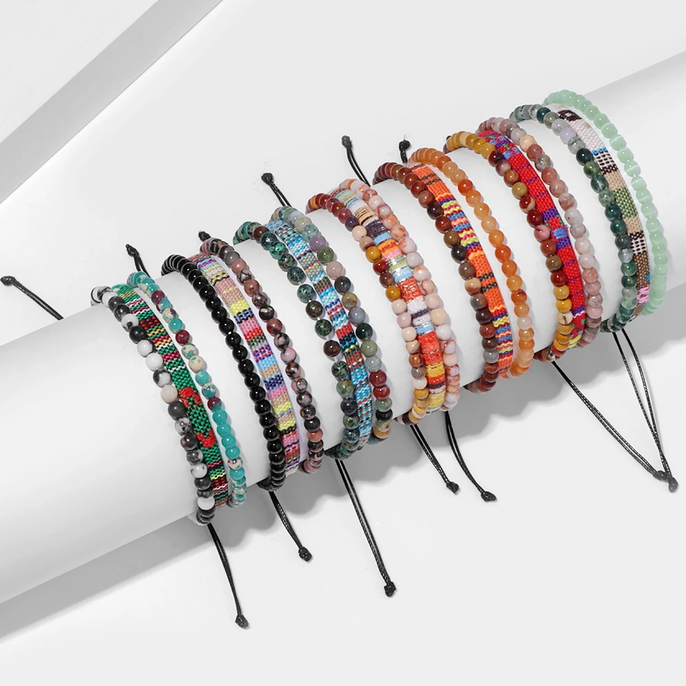 3 Teile/satz 4MM Naturstein Perlen Armband Set Handgemachte Baumwolle Boho Armbänder Für Frauen Männer Healing Reiki Multilayer Armbänder